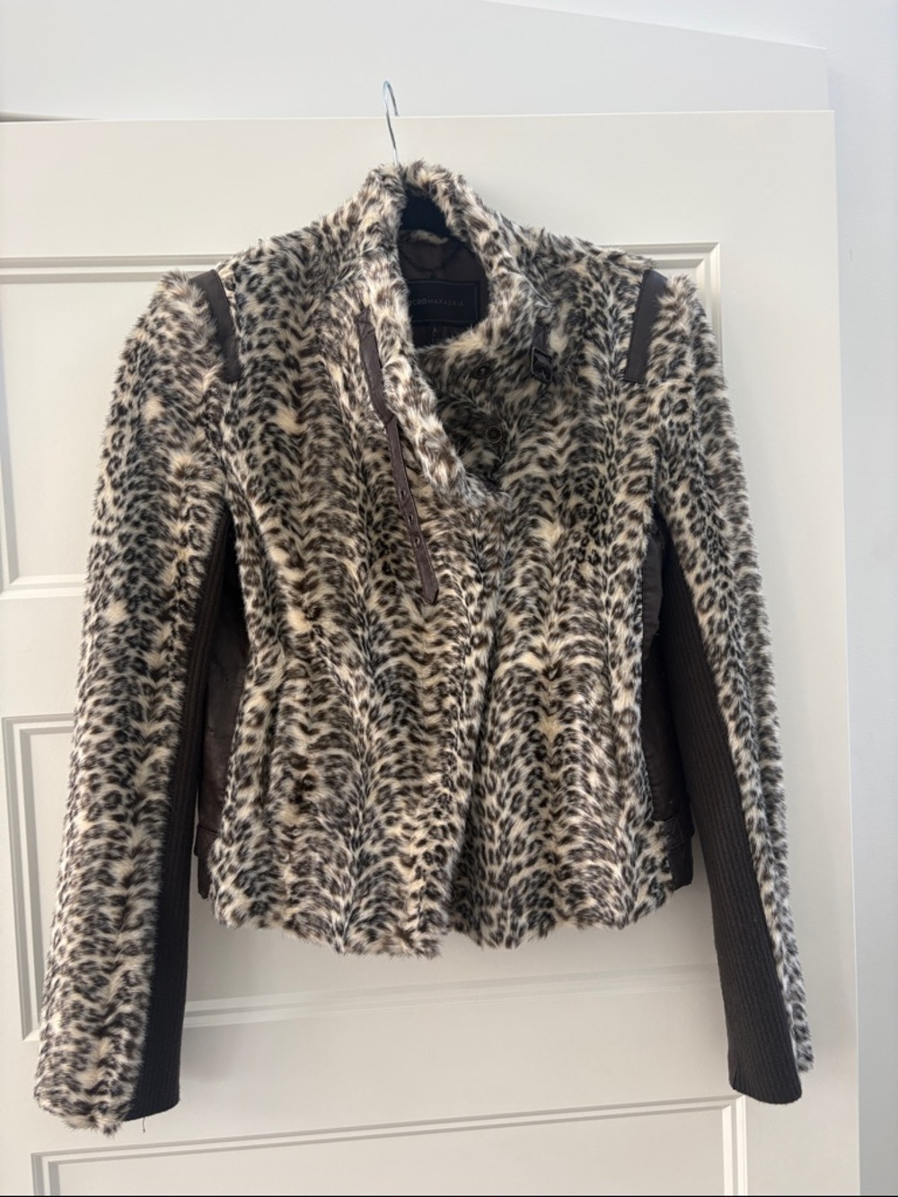 BCBGMaxAzria Leopard-Print Teddy Jacket with Brown Knit Sleeves